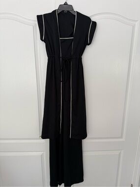 Vintage Black Jumpsuit with White Piping Overcoat and Tie Waist